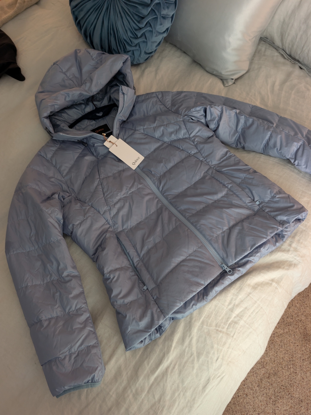 ​NWT Quince Responsible Down Puffer Jacket Medium Dusty Blue Light Hooded Coat